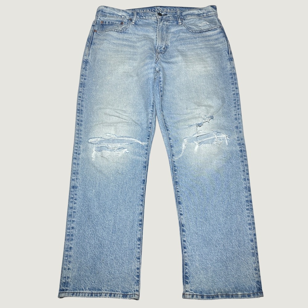 American Eagle Jeans Mens 34x32 Loose Fit Distressed Grunge Baggy Light Wash